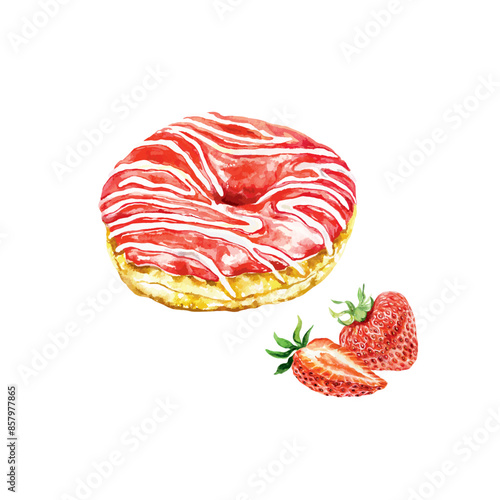 Donut and strawberry, watercolor. Baking and berries. Vector illustration. Food sketch. For cards, invitations, cafe menus, bakeries, confectioneries, posters, large banners.