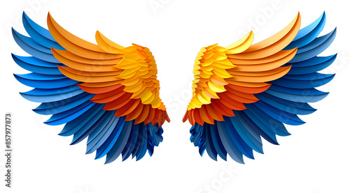 Vibrant and colorful illustration of a pair of bird wings with a gradient of bright orange, yellow, and blue feathers.