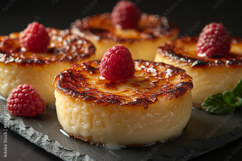 Creme brulee desserts with cream and cane sugar with fresh raspberries and mint leaves. Creme brulee desserts with cream and cane sugar with fresh raspberries and mint leaves.