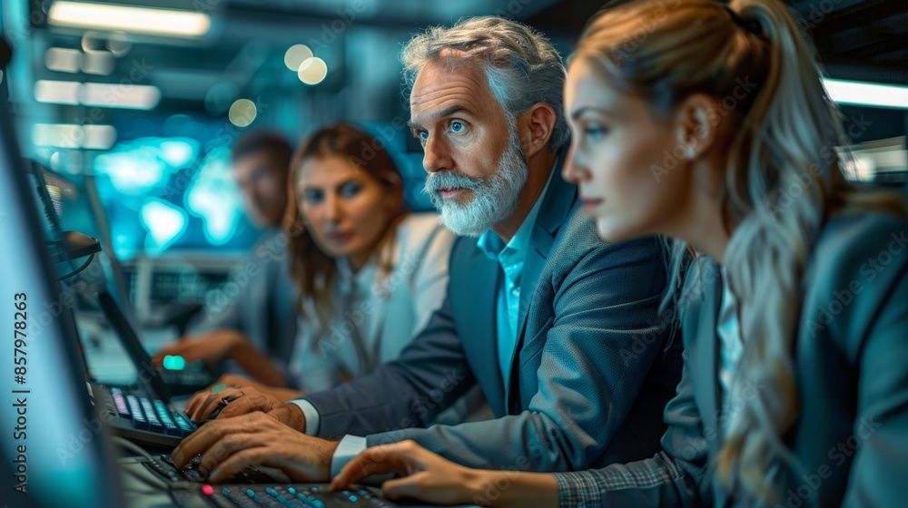 Fototapeta premium A focused business team analyzing data on computer screens in a modern office setting, highlighting teamwork and concentration.