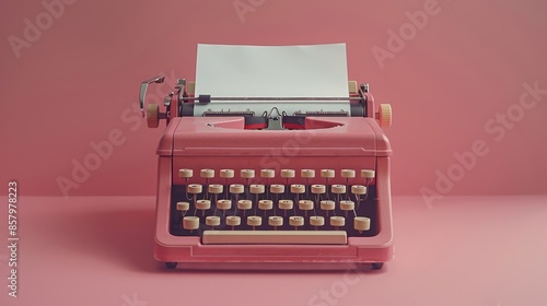 Vintage Red Typewriter on Pink Background with Blank Paper photo