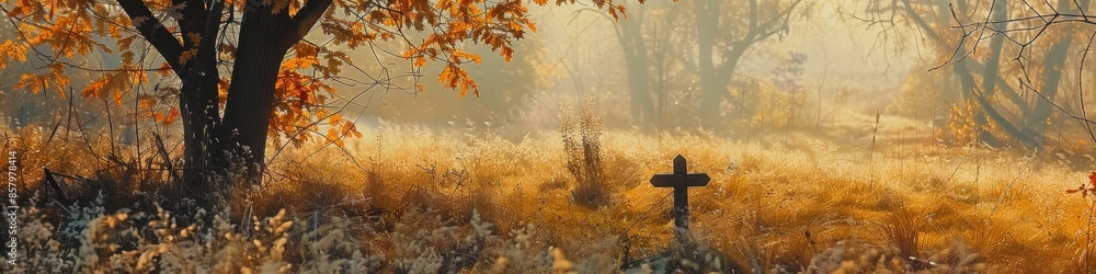 Fototapeta premium Golden Autumn Field with a Cross Symbolizing Faith and Harmony. Tranquil Natural Environment, Christianity, Jesus, New Year, Light, Christmas, Event, High-Resolution Wallpaper, AI-Generated