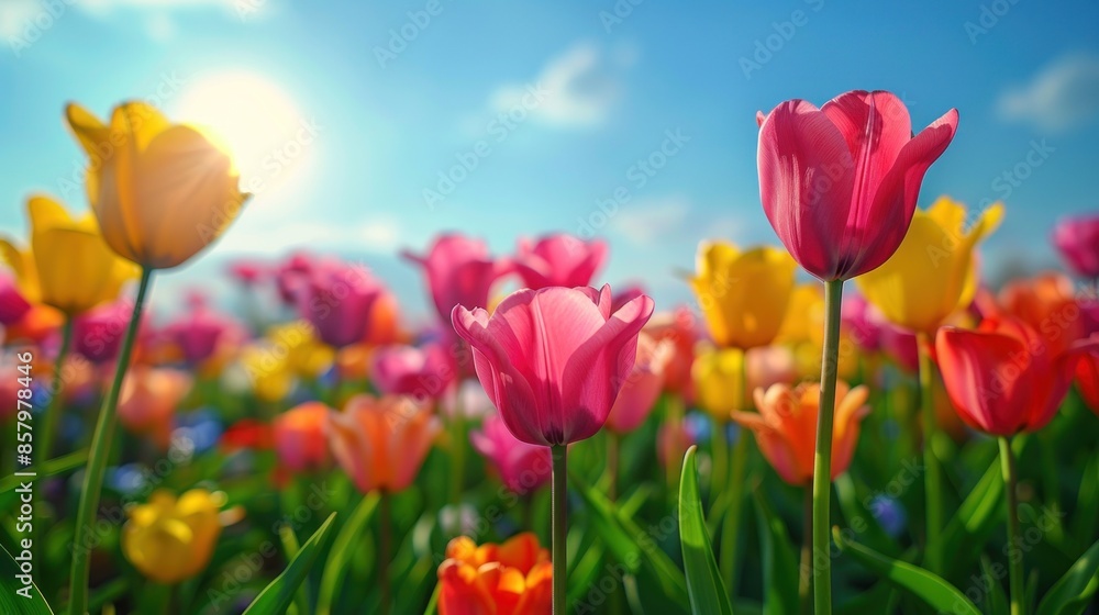Vibrant Tulips Blooming Under a Sunny Sky Vibrant Tulips Blooming Under a Sunny Sky