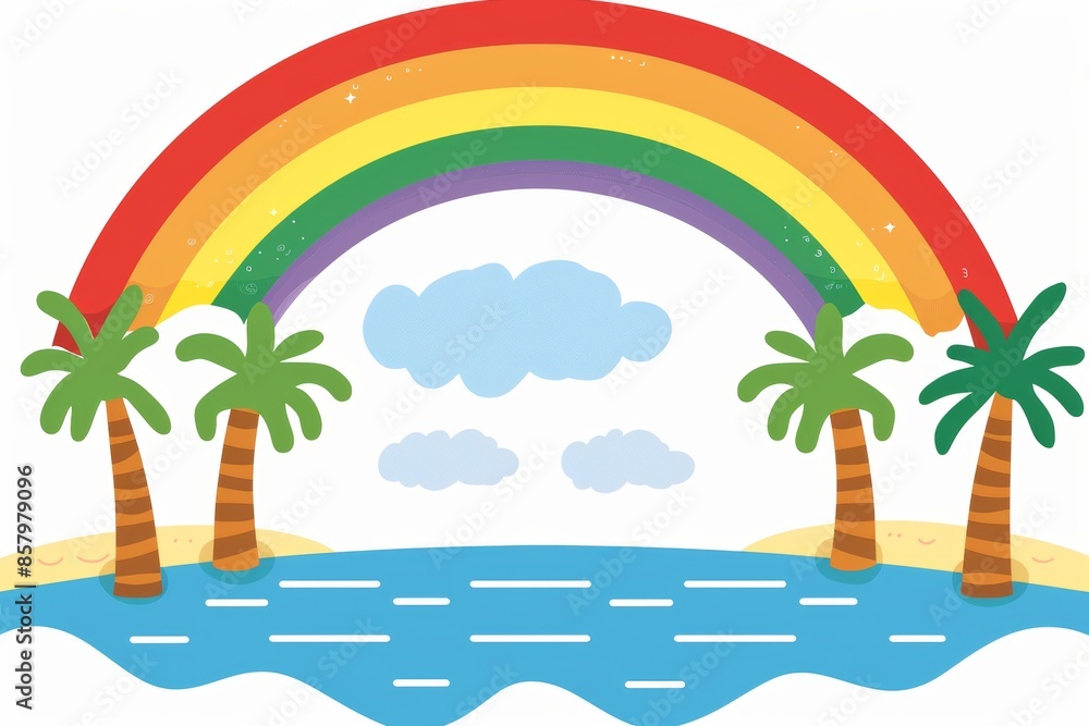 Obraz premium Tropical beach paradise with vibrant rainbow and palm trees
