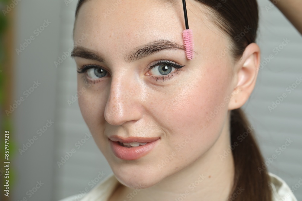 Beautician brushing young woman's eyebrow in beauty salon, closeup Beautician brushing young woman's eyebrow in beauty salon, closeup