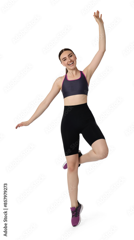 Young woman doing aerobic exercise on white background Young woman doing aerobic exercise on white background