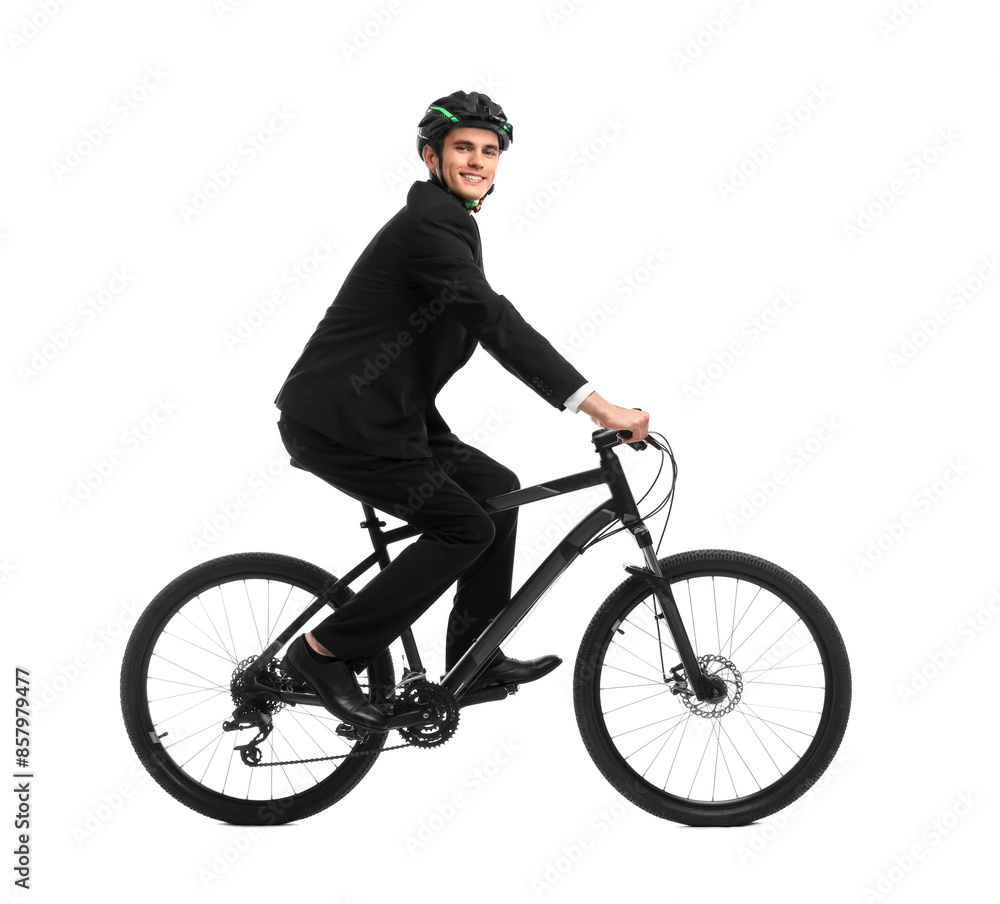 Smiling man in helmet riding bicycle on white background Smiling man in helmet riding bicycle on white background