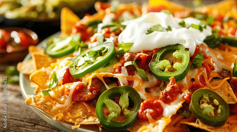 a plate of loaded nachos, piled high with melted cheese, jalapeños, sour cream, and guacamole a plate of loaded nachos, piled high with melted cheese, jalapeños, sour cream, and guacamole