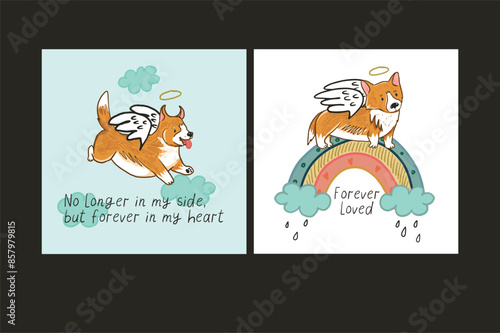 Dead corgi dog, pet loss vector illustration, memorial card.