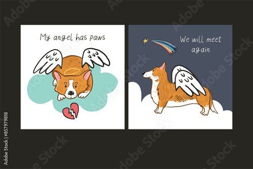 Dead corgi dog, pet loss vector illustration, memorial card.