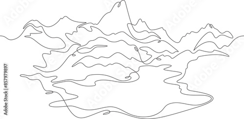 Beautiful mountain landscape. Alpine meadows. Crystal mountain lake. One continuous line drawing on a white isolated background. Minimalism linear illustration.