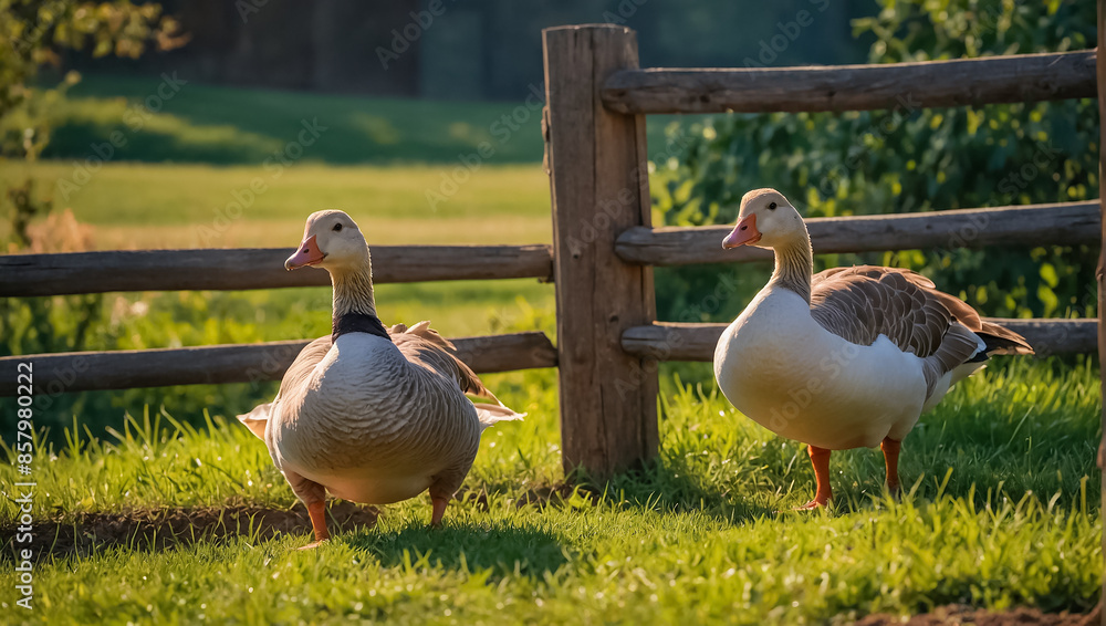 Obraz premium Geese on the farm in summer