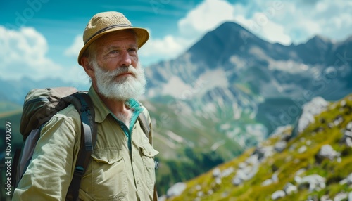 Seasoned Adventurer: Elderly Hiker with Beard and Hat Enjoying Majestic Mountain Views