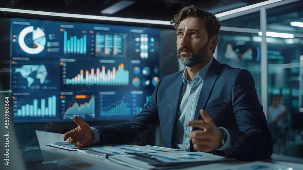 Businessman in suit analyzing financial data on multiple digital screens in a modern office environment.