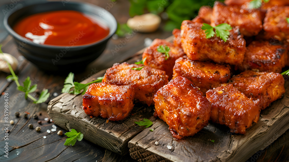 Fast food seitan served with a side of dipping sauce, presented on a rustic wooden board Fast food seitan served with a side of dipping sauce, presented on a rustic wooden board