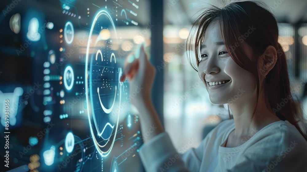 Woman Interacting with a Digital Interface Displaying a Smiley Face Woman Interacting with a Digital Interface Displaying a Smiley Face