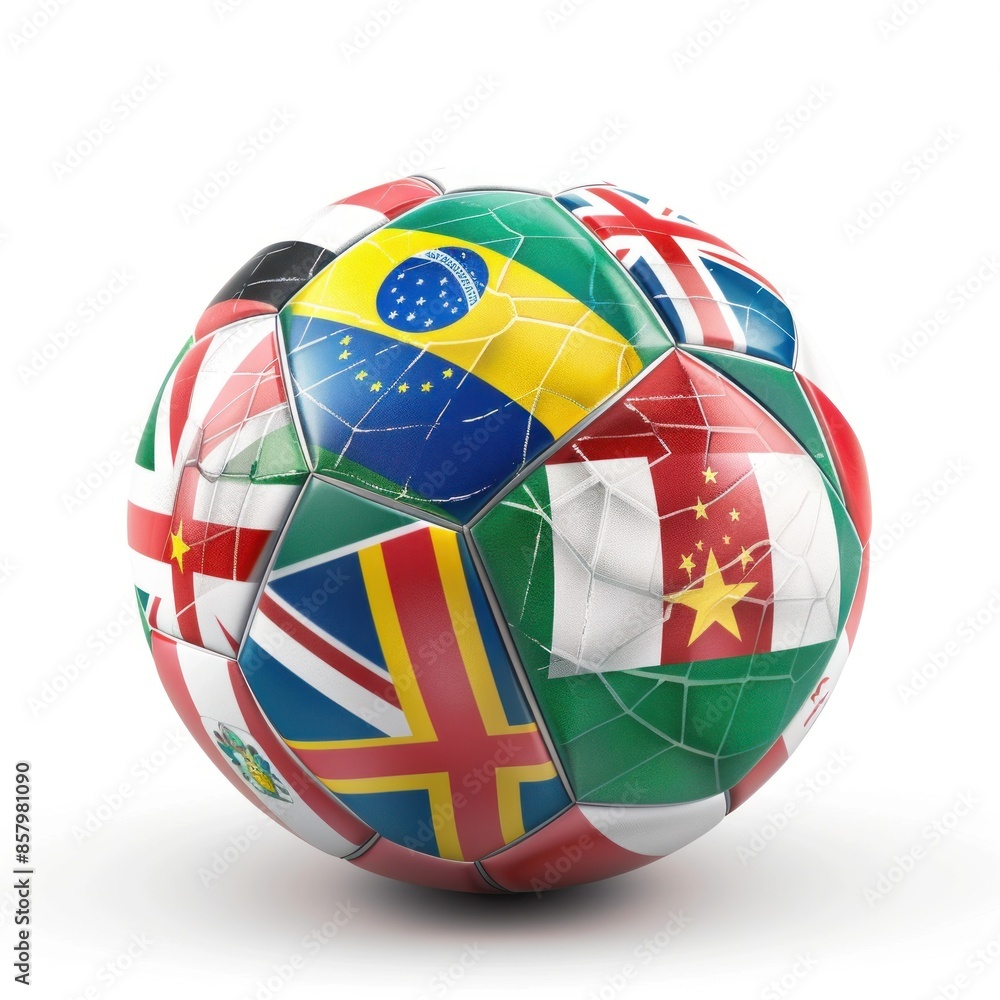 Obraz premium Colorful Soccer Ball Adorned with Various National Flags Representing Global Unity - Generative ai