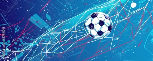 Dynamic Soccer Ball in Motion Against a Futuristic Blue Abstract Backdrop - Generative ai