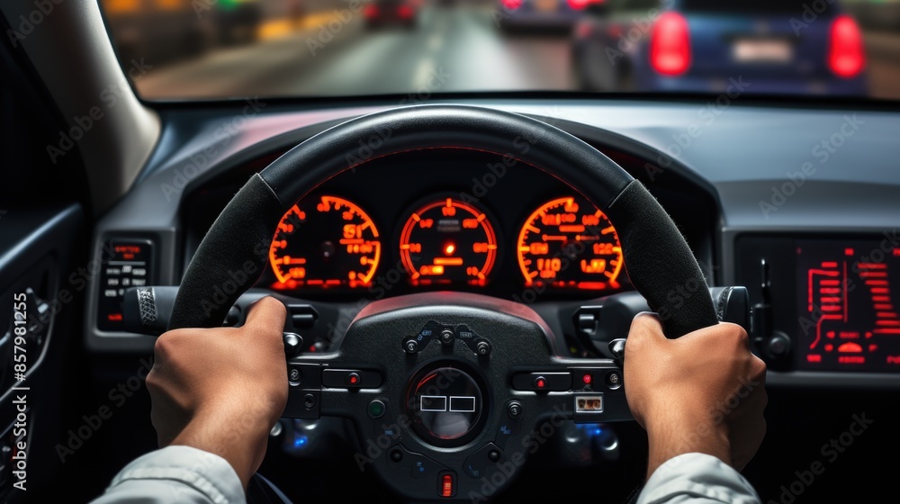 Drivers hands firmly gripping the steering wheel while operating a modern car, glowing dashboard and bright city night time Drivers hands firmly gripping the steering wheel while operating a modern car, glowing dashboard and bright city night time