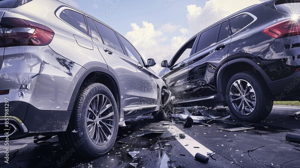 Following the collision, the front end of a silver vehicle exhibits deformation upon impact with the rear section of a dark blue car, indicative of substantial force transfer.
Following the collision, the front end of a silver vehicle exhibits deformation upon impact with the rear section of a dark blue car, indicative of substantial force transfer.
