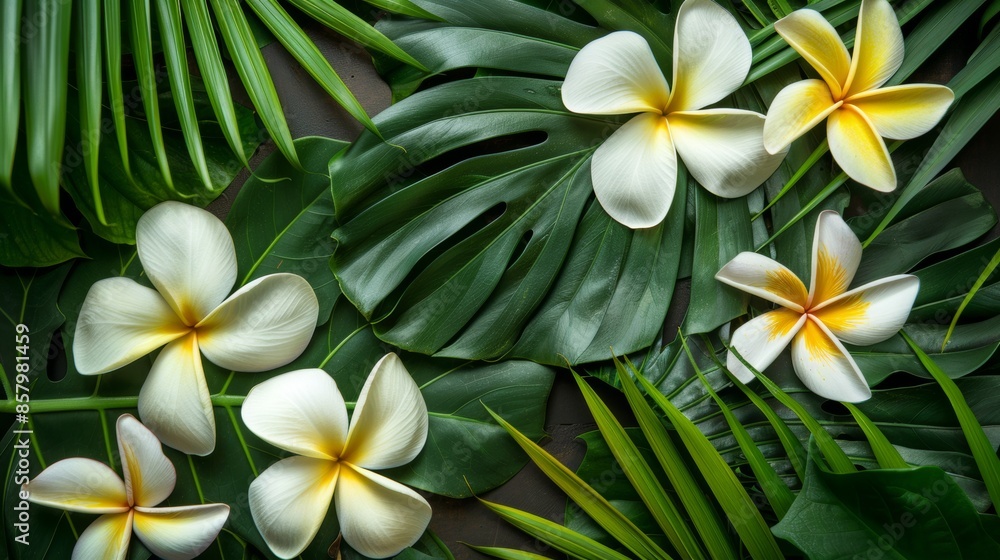 Obraz premium Tropical plumeria flowers and lush green foliage