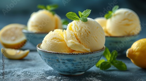 refreshing lemon sorbet in a blue bowl with mint garnish and fresh lemon slices