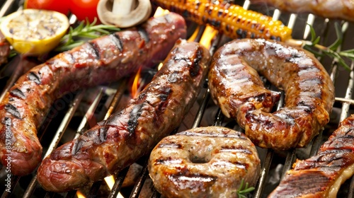 Sizzling barbecue sausages and grilled delights on summer day