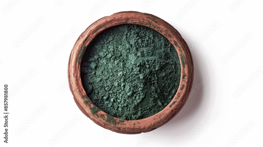 Green powder in a clay pot isolated on a white background Green powder in a clay pot isolated on a white background