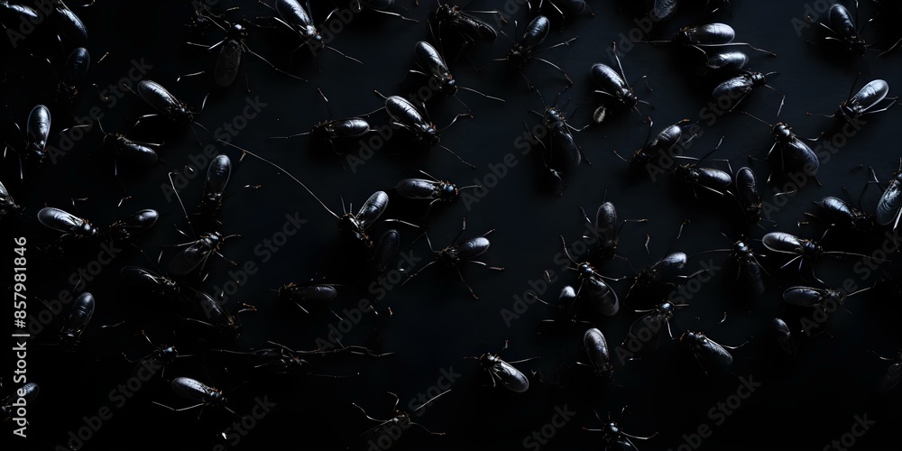 Black Insect Pests Contrast Against White Background. Concept Insect Pest Control, White Background, Pest Infestation, Black Insects Black Insect Pests Contrast Against White Background. Concept Insect Pest Control, White Background, Pest Infestation, Black Insects