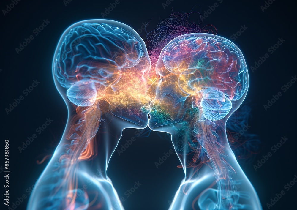 X-ray photograph of passionate kiss, revealing brains glow with neon desire X-ray photograph of passionate kiss, revealing brains glow with neon desire