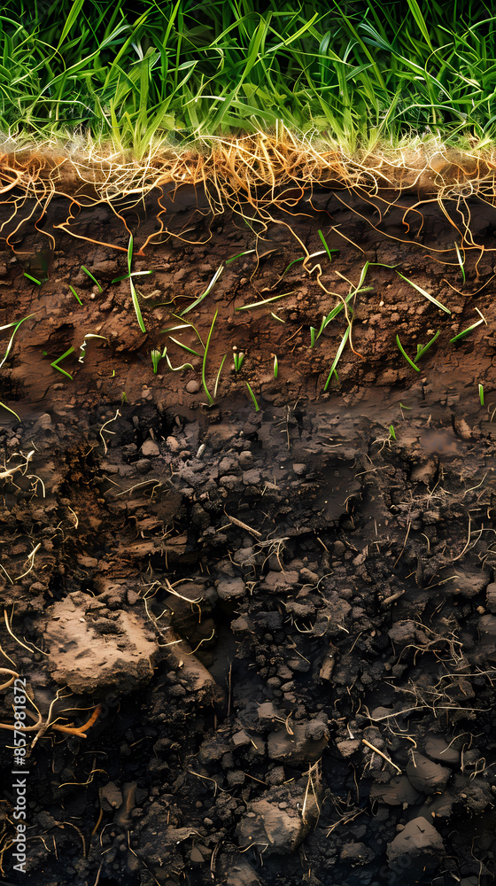 Cross section of soil showing grass, roots and dirt Cross section of soil showing grass, roots and dirt