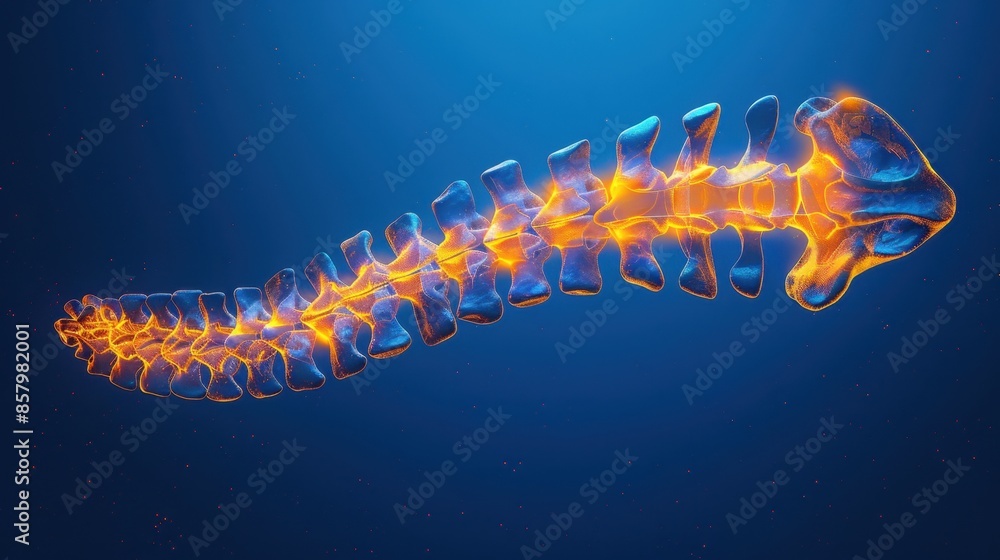 Highly detailed 3D model of the human spine and ribcage, accentuating orange vertebrae against a soothing blue background, presenting spinal anatomy.
Highly detailed 3D model of the human spine and ribcage, accentuating orange vertebrae against a soothing blue background, presenting spinal anatomy.