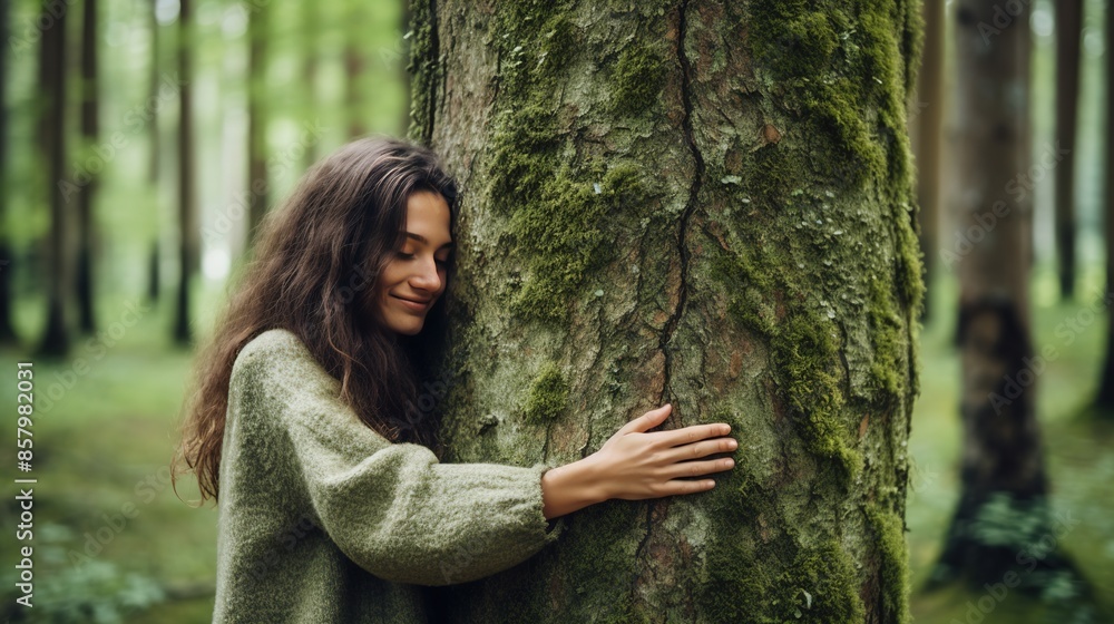 Environment and nature care people concept activity. One woman hugging and embracing green musk covered trunk tree in the forest woods. Environment and nature care people concept activity. One woman hugging and embracing green musk covered trunk tree in the forest woods.