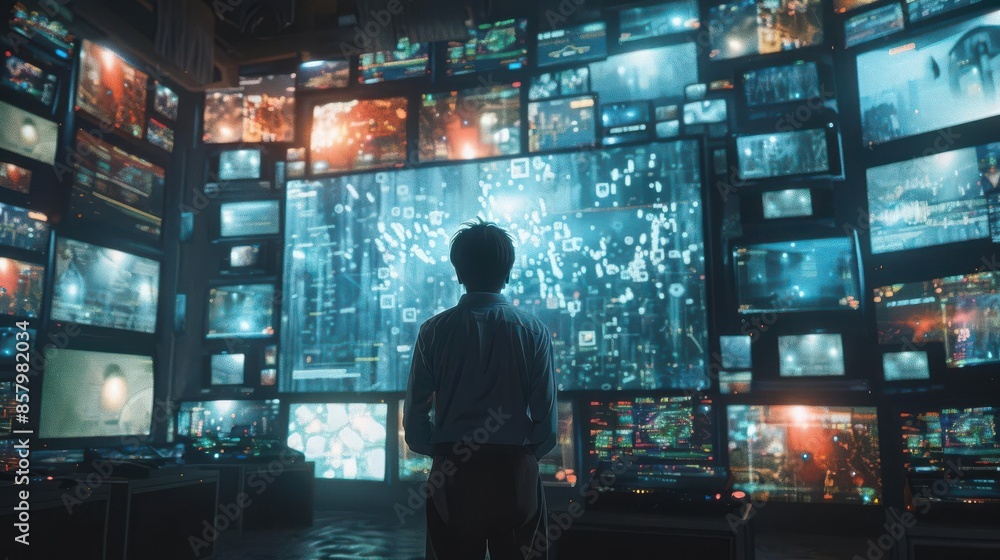 Man facing a gigantic screen showing an onslaught of cluttered displays Man facing a gigantic screen showing an onslaught of cluttered displays