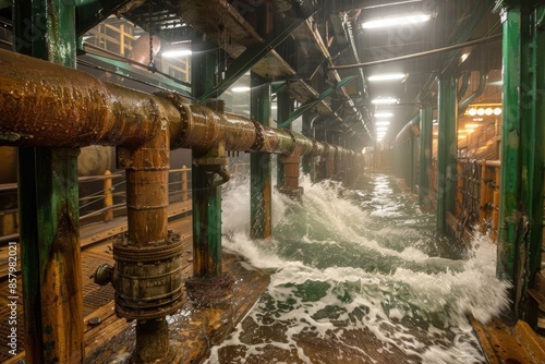 Underground flood in city subway with rushing water and pipes photo