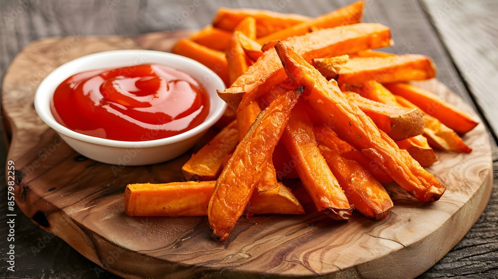 Fast food sweet potato fries served with a side of ketchup, presented on a rustic wooden board Fast food sweet potato fries served with a side of ketchup, presented on a rustic wooden board