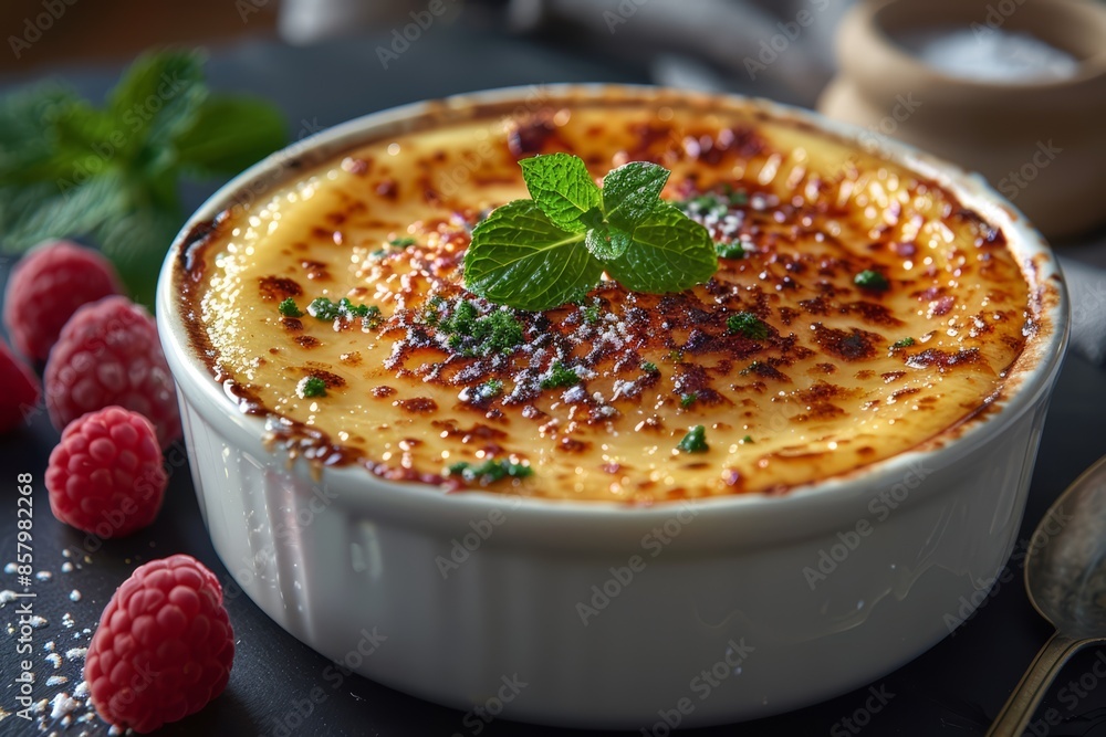 Creme brulee desserts with cream and cane sugar. Delicious desserts in a cafe or restaurant Creme brulee desserts with cream and cane sugar. Delicious desserts in a cafe or restaurant