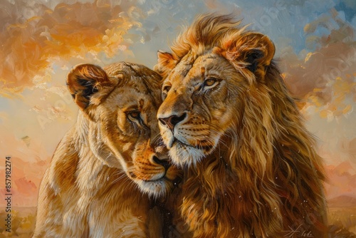 A painting of two lions cuddling each other. photo