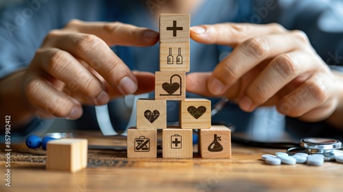 Arranging wooden blocks adorned with medical symbols into a pyramid: a symbol of healthcare excellence. Featuring medication, heart health, injections, stethoscopes, and medical kits. 