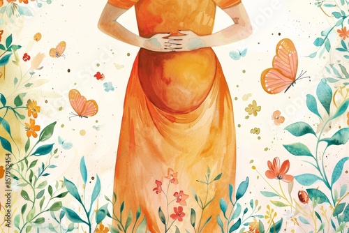 beauty of pregnancy watercolor illustration, mother to be  growing belly, surrounded by delicate flowers, butterflies, and other symbols of new life and fertility, baby shower template