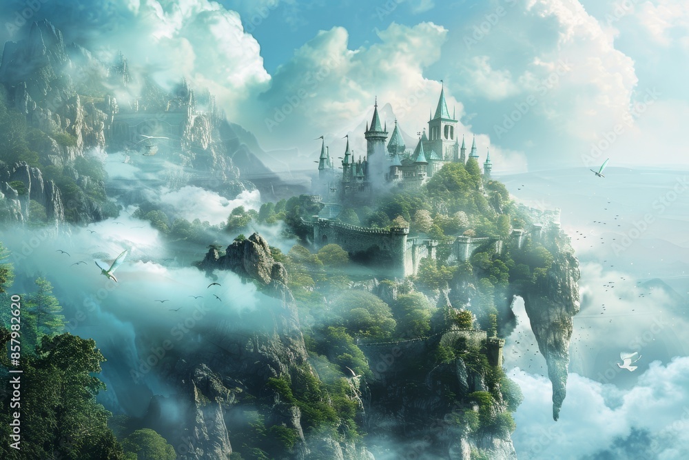 Fototapeta premium romantasy style enchanting illustration depicting fairytale castle on misty mountain, surrounded by whimsical creatures, blending elements of romance and fantasy in a dreamy landscape