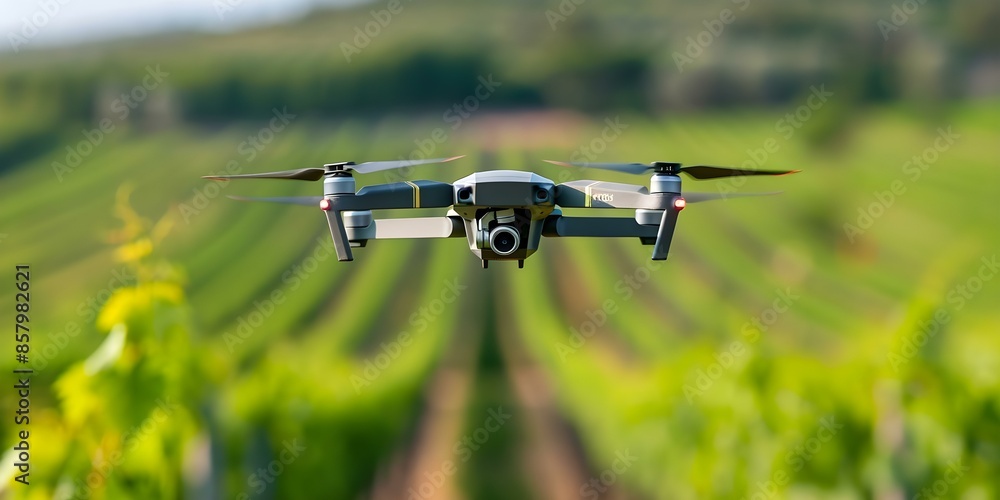 Using Agri Tech Drones to Precisely Apply Pesticides in Vineyards for Crop Management. Concept Agriculture, Technology, Drones, Pesticides, Crop Management Using Agri Tech Drones to Precisely Apply Pesticides in Vineyards for Crop Management. Concept Agriculture, Technology, Drones, Pesticides, Crop Management