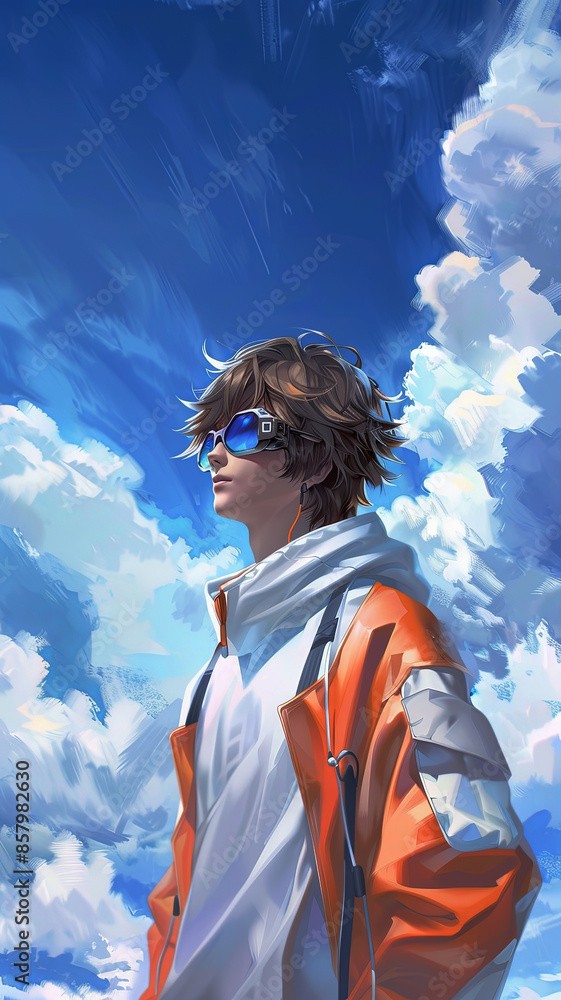 Vertical poster in anime style, teenager against a background of blue sky with clouds, poster for Children's Day Vertical poster in anime style, teenager against a background of blue sky with clouds, poster for Children's Day