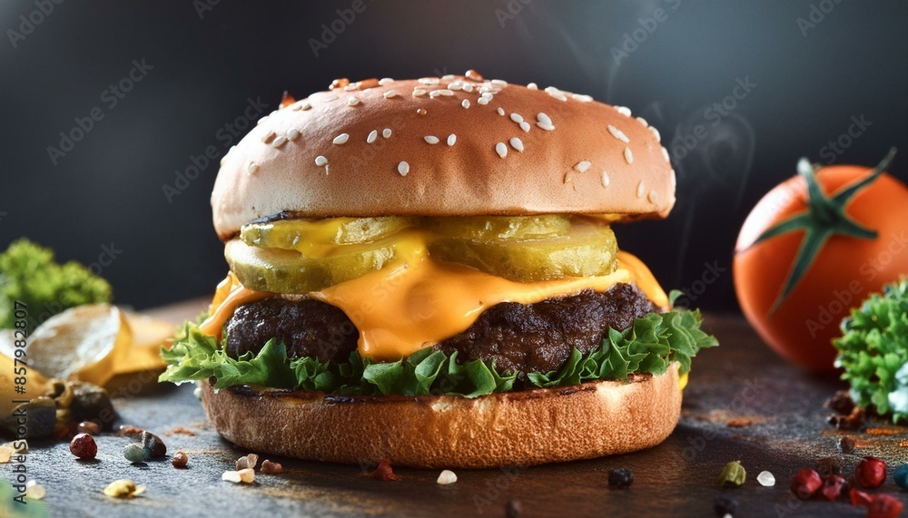 Delicious grilled cheeseburger with mustard and vegetables Delicious grilled cheeseburger with mustard and vegetables
