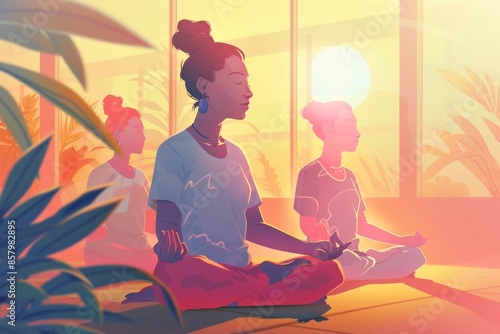 diverse women at yoga class flat  illustration