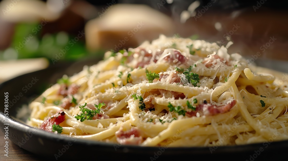 A steaming plate of spaghetti carbonara, topped with crispy bacon, grated cheese, and fresh parsley, offers a mouth-watering blend of flavors. A steaming plate of spaghetti carbonara, topped with crispy bacon, grated cheese, and fresh parsley, offers a mouth-watering blend of flavors.