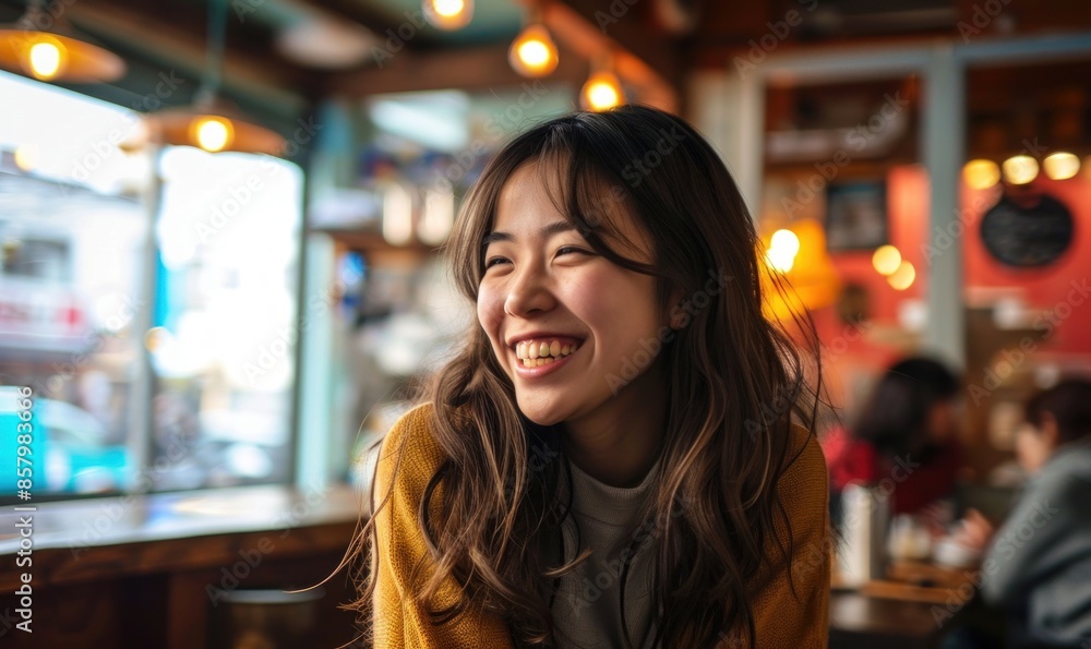 Smiling Asian Woman in Cafe, Generative AI Smiling Asian Woman in Cafe, Generative AI