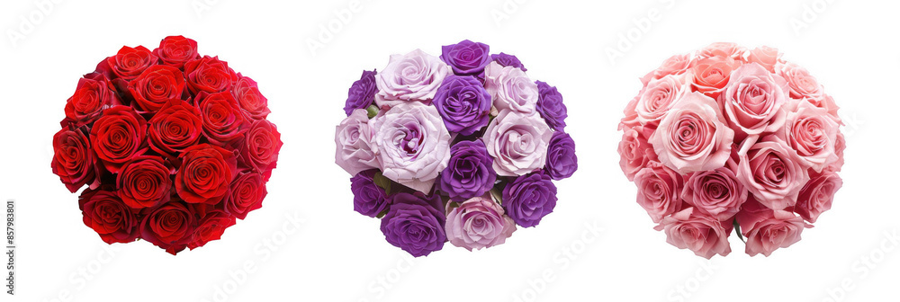 Fototapeta premium Three Bouquets of Red, Pink, and Purple Roses