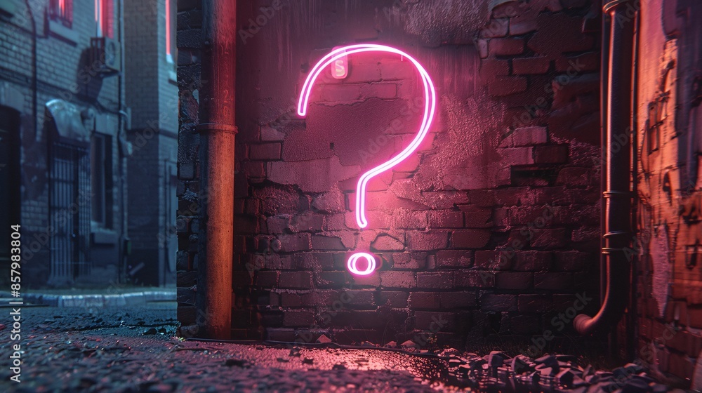 Glowing Pink Neon Question Mark Sign on a Dark Urban Alley Wall at ...