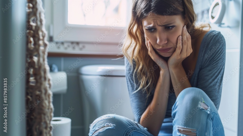 A woman sits on a toilet, grimacing in pain, clutching her stomach. A roll of toilet paper lies nearby, highlighting her discomfort with digestive issues.
A woman sits on a toilet, grimacing in pain, clutching her stomach. A roll of toilet paper lies nearby, highlighting her discomfort with digestive issues.